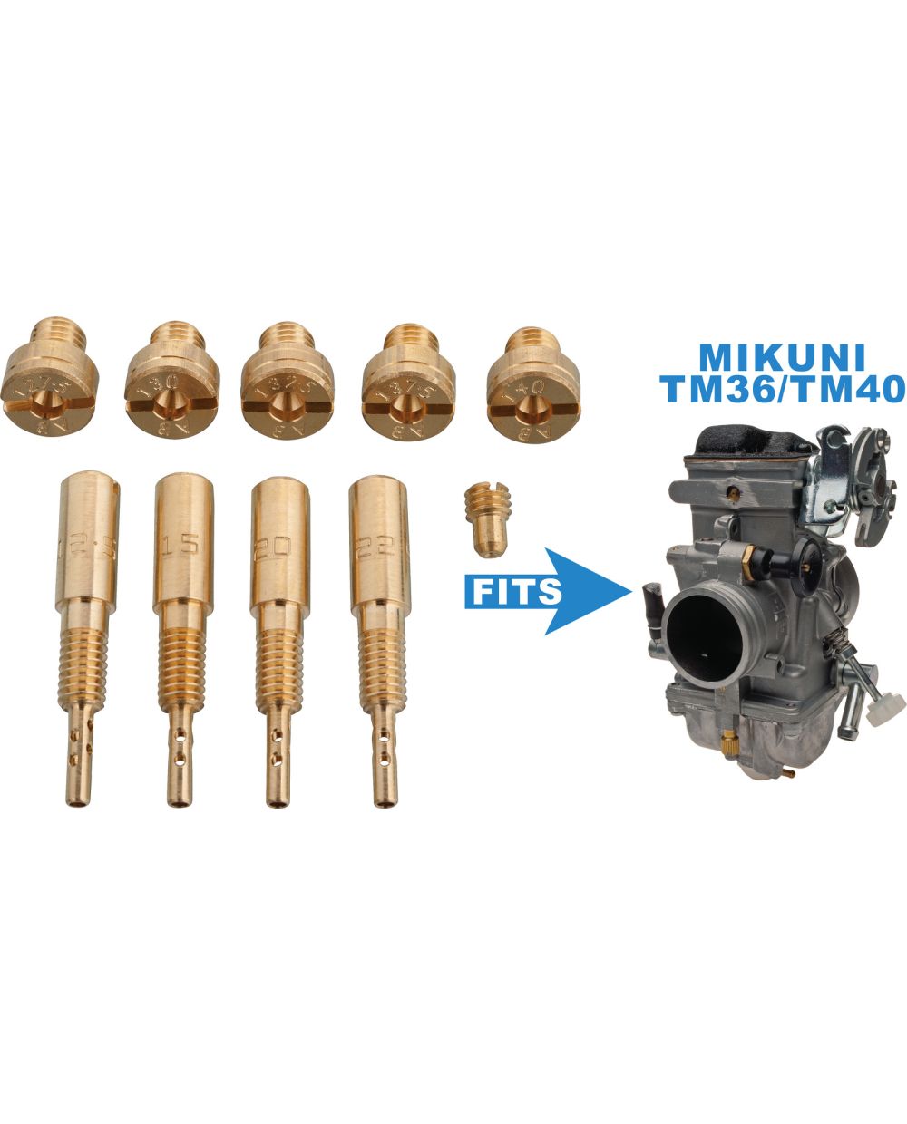 Universal Düsen-Set für Mikuni TM36 Flachschieber-Vergaser (4x Leerlaufdüse  #12.5-#22.5, 5x Hauptdüse #127.5-#140, Chokedüse #25)