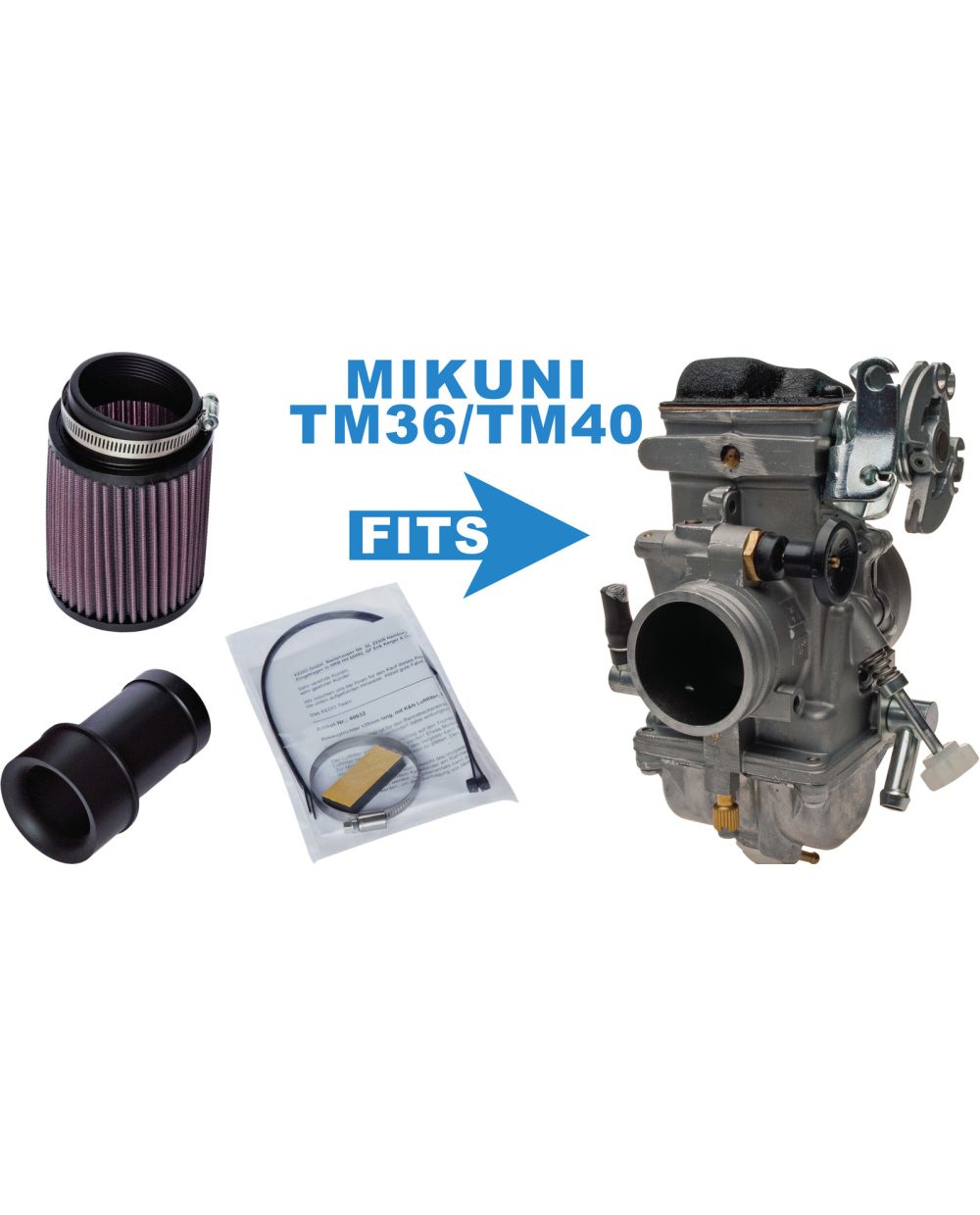 Ansaugtrichter-Set komplett für Mikuni TM36/TM40 (120mm lang, mit  zylindrischem K&N Rennfilter und Befestigungsmaterial)