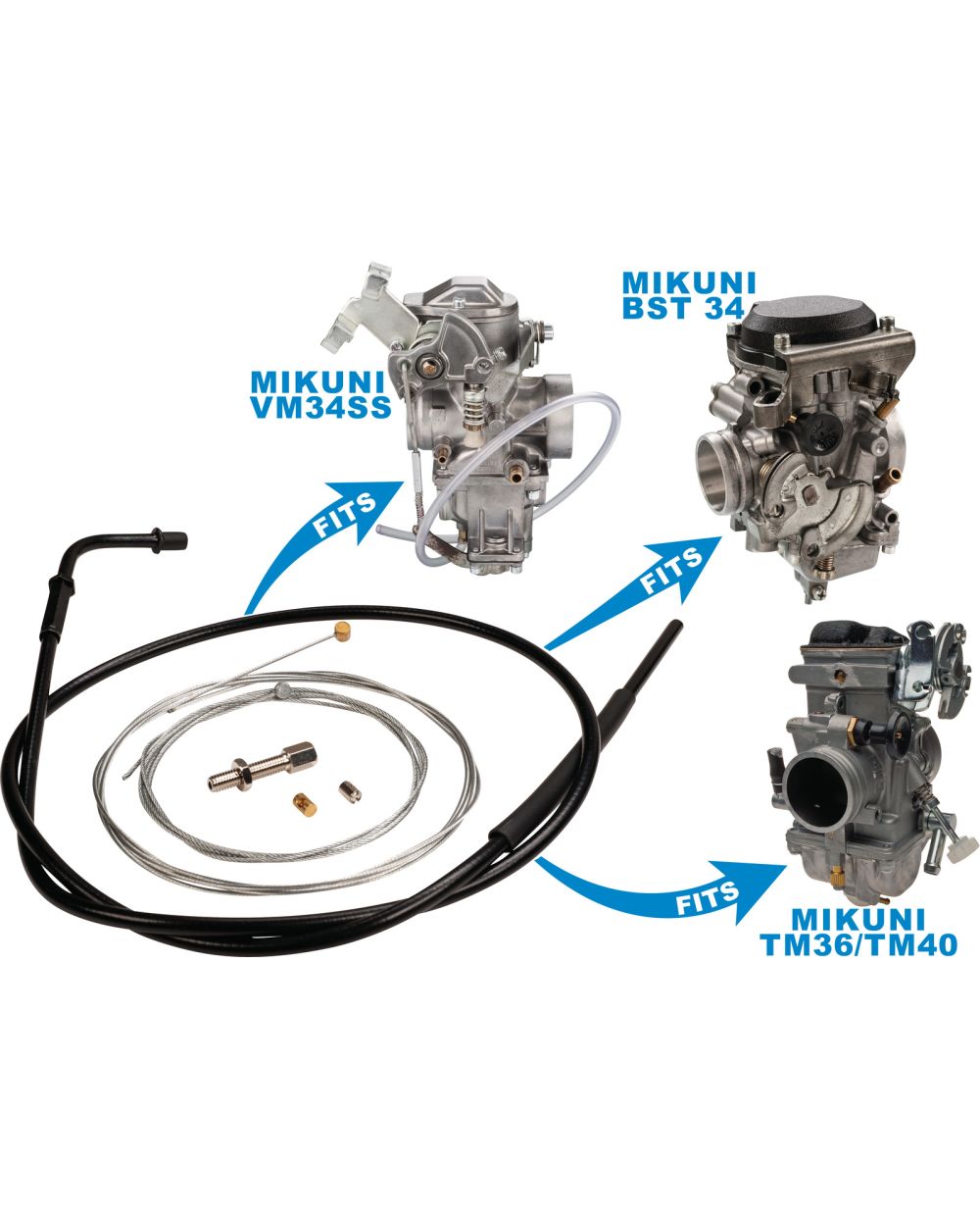 Gaszug-Selbstbau-Set für E-Starter-Armatur Art. 41862 und originalem  VM34SS-/BST34- oder Mikuni TM36/TM40-Tuning-Vergaser