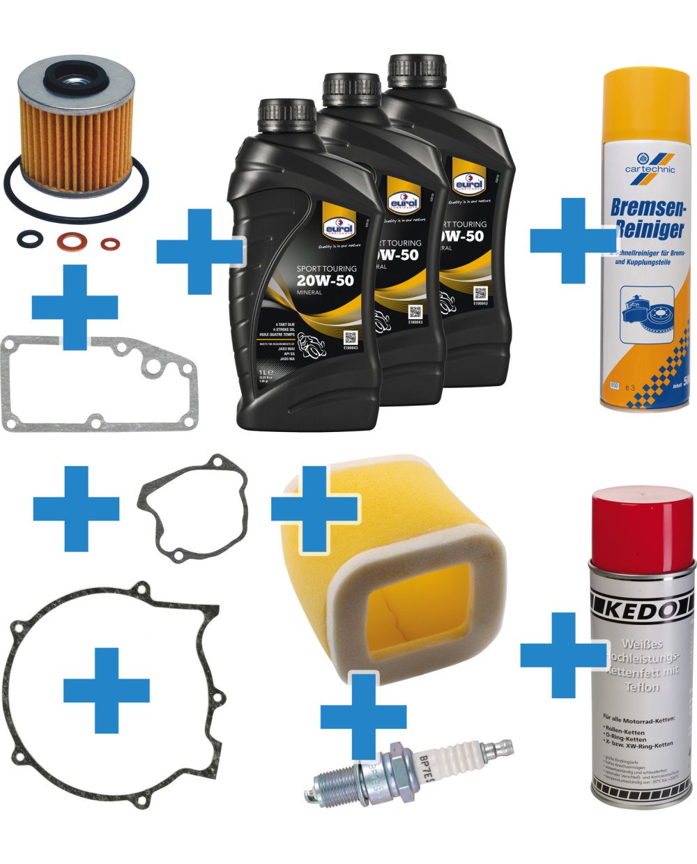 Inspektions-Set XT500 inkl. 3l Öl 20W50, Zündungs- und Ölwannen-Dichtung,  Luftfilter, Zündkerze, Ölfilter + Dichtungen, Kettenspray, Bremsenreiniger