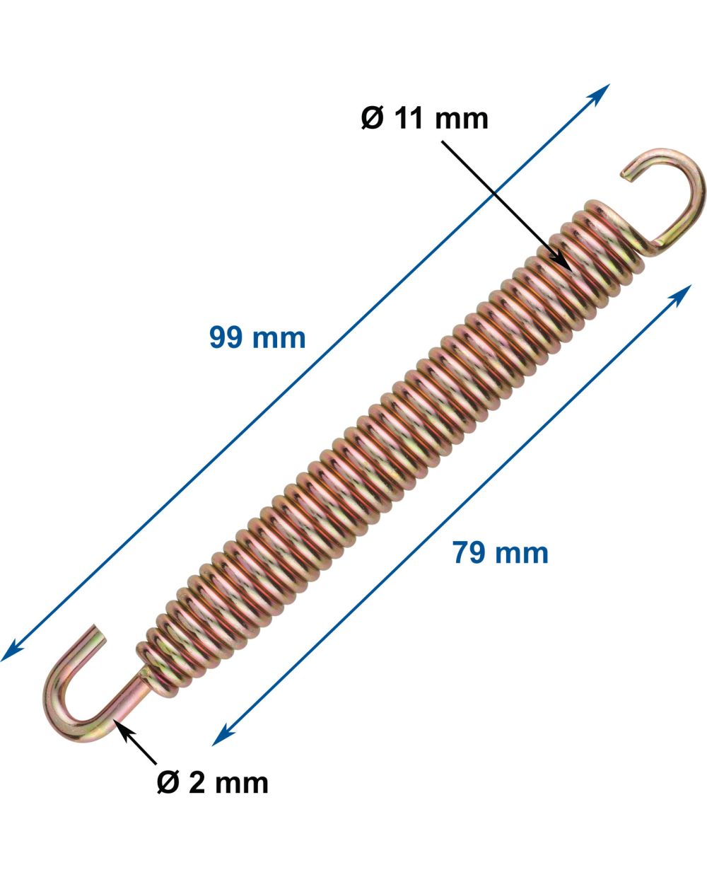 Auspuff-Zugfeder universal verzinkt, 1 Stück, 99mm lang, 11mm Durchmesser,  2mm Draht, 1 Haken frei drehbar