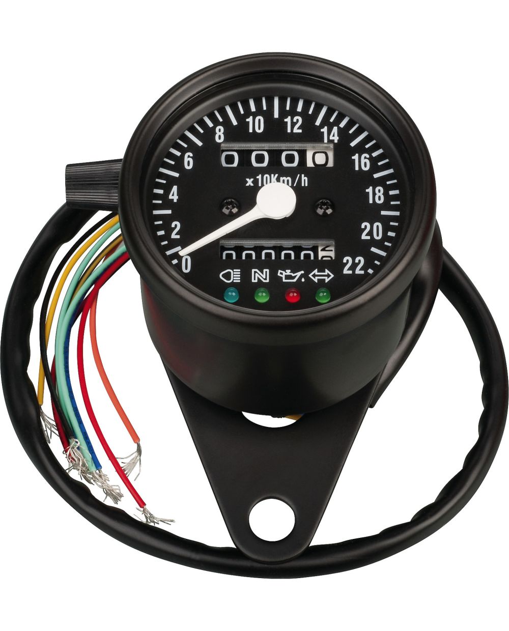 Analog-Tachometer, mechanischer Antrieb mit M12x1-Anschluss,  Tageskilometer, Fernlicht-, Neutral-, Öldruckkontroll- und Blinkerleuchte,  220km/h