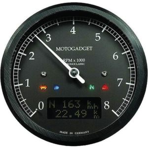 Motogadget 'Chronoclassic' Multifunkt.- Instrument, DZM analog, km/h digital Gesamt+Tages-km, 80mm Einbaudurchmesser, Alu schwarz eloxiert