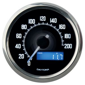 Daytona 'Velona' Tachometer, Abm. 60x45 mm, poliert (km/h,km Gesamt+Tag, Volt, Uhr, weiße Hintergrundbeleuchtung + LC-Display)