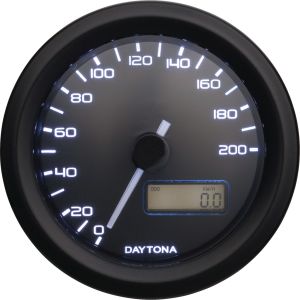 Daytona 'Velona' Digitaler Tacho, Ø 48mm (km/h, km Gesamt+ Tag, Spannung, Uhr, Hintergrundbeleuchtung 3 Farben wählbar) Anzeige bis 200 km/h, Farbe schwarz