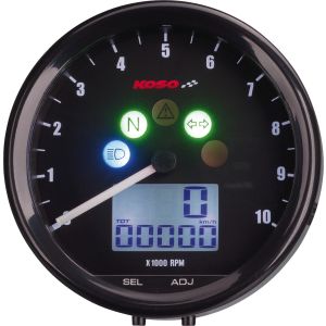 KOSO All-In-One Tachometer 'TNT' 12V, Drehzahlmesser in analoger Optik, Digital-Tacho, 5 Kontrollleuchten, weiße einstellbare LED-Beleuchtung (e-geprüft)