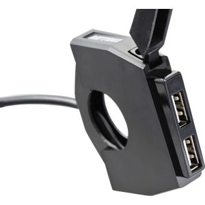 USB-Steckdose im Lenkerschalter-Look mit USB-Port (2.4A max.), nur 13.5mm breit, für 22mm & 1' Lenker passend, Anschluss an geschaltetes Plus (Zündschloss)