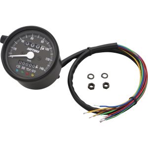 Daytona 'Mechanica II' Mini-Tachometer, 140km/h-Anzeige, 60mm Durchmesser, Gehäuse schwarz, Ziffernblatt schwarz, 4 Kontrollleuchten,LED-Beleuchtung, 6-12V