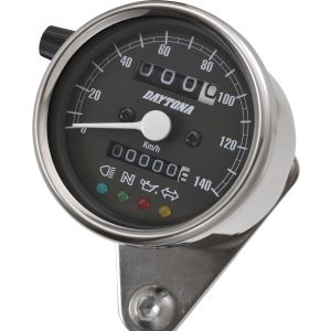 Daytona 'Mechanica II' Mini-Tachometer, 140km/h-Anzeige, 60mm Durchmesser, Edelstahlgehäuse, Ziffernblatt schwarz, 4 Kontrollleuchten, LED 6-12V