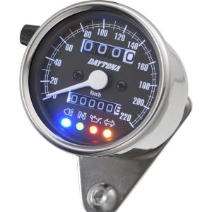 Daytona 'Mechanica II' Mini-Tachometer, 220km/h-Anzeige, 60mm Durchmesser, Edelstahlgehäuse, Ziffernblatt schwarz, 4 Kontrollleuchten, Beleuchtung, 6-12V