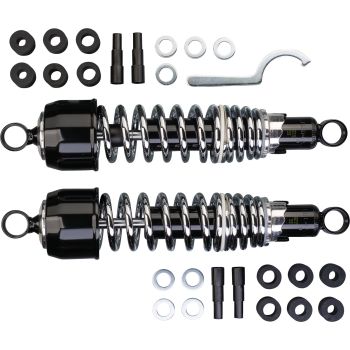 HeavyDuty Stereo-Federbeine, 1 Paar, 325mm lang, Kappe demontierbar, empfohlen ab minimal 120kg Zuladung (Fahrer+Gepäck), einst. Federvorspannung