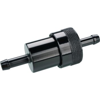 Benzinfilter für 8mm-Benzinschlauch, Alu schwarz, geschraubt mit Sinter/Bronze Filtereinsatz, Gehäuselänge ohne Anschlüsse ca. 39mm