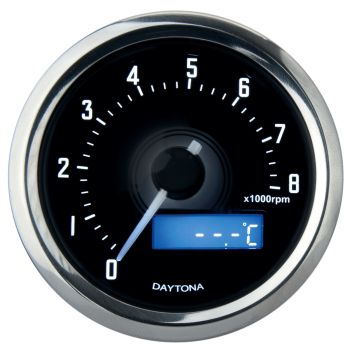 Daytona 'Velona' Drehzahlmesser, Abm. 60x45mm, poliert (Drehzahl, °C, max. °C, max. RPM, Uhr, Stoppuhr, weiße Hintergrundbeleuchtung + LC-Display)