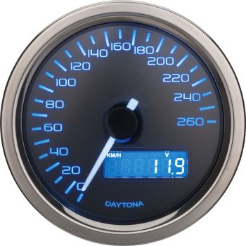 Daytona 'Velona' Tachometer, Abm. 60x45mm (km/h,km Gesamt+ Tag,Spannung, Uhr, blaue Hintergrundbeleuchtung),bis 260 km/h