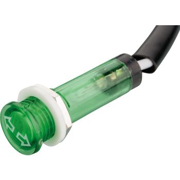 Kontrollleuchte grün, mit Blinkersymbol, 12V, Abm. ca. 12x35mm, für 10mm-Bohrung, Materialstärke ca. 1-6mm, Schraubbefestigung