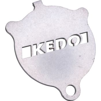 Seitenständer-Unterleger (Form wie Ölfilterdeckel SR/XT), 3mm Edelstahl verrundete Kanten, gelaserter KEDO-Schriftzug