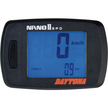 Daytona 'Nano II' Tachometer, Abm. nur 60x40x17,5mm, e-geprüft, inkl. Sensor, weiße Hintergrundbeleuchtung/LCD, Funktionen: km/h,Vmax,Gesamt-km,Uhr