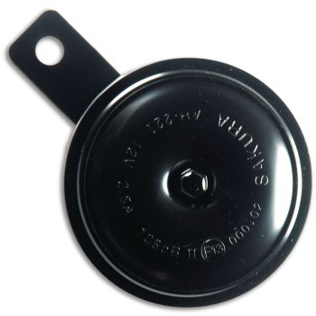 Hupe 12V e-geprüft, 108dB, schwarz, Durchmesser ca. 80mm, mit Gummilagerung zwischen Hupe/Halter