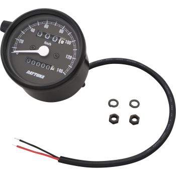 Daytona 'Mechanica II' Mini-Tachometer, 140km/h-Anzeige, 60mm Durchmesser, Gehäuse schwarz, Ziffernblatt schwarz, LED-Beleuchtung, 6-12V, ohne Halter