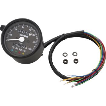 Daytona 'Mechanica II' Mini-Tachometer, 140km/h-Anzeige, 60mm Durchmesser, Gehäuse schwarz, Ziffernblatt schwarz, 4 Kontrollleuchten,LED-Beleuchtung, 6-12V