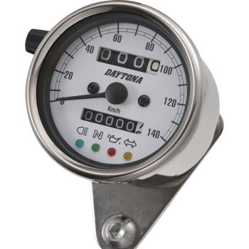 Daytona 'Mechanica II' Mini-Tachometer, 140km/h-Anzeige, 60mm Durchmesser, Edelstahlgehäuse, Ziffernblatt weiß, 4 Kontrollleuchten,LED-Beleuchtung, 6-12V