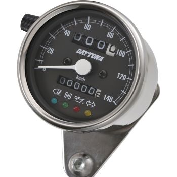 Daytona 'Mechanica II' Mini-Tachometer, 140km/h-Anzeige, 60mm Durchmesser, Edelstahlgehäuse, Ziffernblatt schwarz, 4 Kontrollleuchten, LED 6-12V