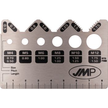 Schrauben-Messschablone M4-M12, für Durchmesser, Länge & Gewindesteigung (inkl. aufgedruckter Info bezgl. Regel-/Feingewinde, Abm. 85x55mm, V2A)