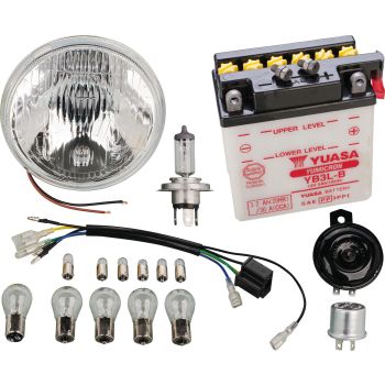 Add-On Kit H4 für Art. 50544 12V Umrüstung (alle 12V Leuchtmittel, YUASA- Batterie, Blinkrelais, Hupe, H4-Kabel, Scheinwerfer-Einsatz + H4-Leuchtmittel)