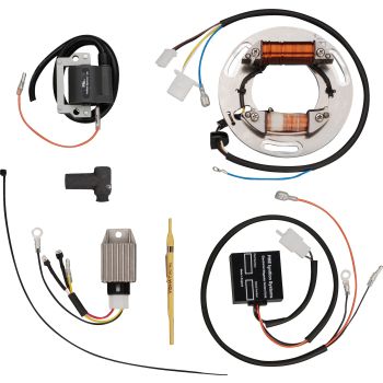 PME CDI-/Lichtmaschinen-Set, Umbau auf 12V und CDI-Zündung ohne Kontakte, Set enthält Lichtmaschinen-Stator, CDI, Zündspule, 12V Regler/Gleichrichter