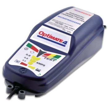 Optimate 4 Batterielade- & Diagnosegerät 12V, wasserdicht, inkl. Polklemmen + wasserdichter Fahrzeugadapter (neueste QUAD PROGRAM - Version)