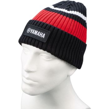 Beanie, schwarz/weiß/rot, gestrickte Streifen mit Aufdruck, one size fits all, 100% Baumwolle