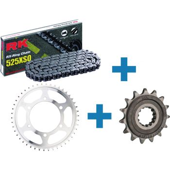 XW-Ring Kettensatz inkl. 15Z-Ritzel gummiert für max. Laufruhe, 46Z Kettenblatt, offene RK525XRE-Kette mit 122 Gliedern, inkl. Hohlnietschloss