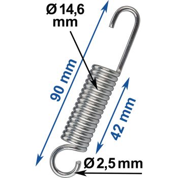 Universal-Feder verzinkt, Abm. ca. 90mm Länge, 2.5mm Drahtstärke, 14.6mm Außendurchmesser, 42mm Wicklungslänge