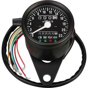 Analog-Tachometer, mechanischer Antrieb mit M12x1-Anschluss, Tageskilometer, Fernlicht-, Neutral-, Öldruckkontroll- und Blinkerleuchte, 220km/h